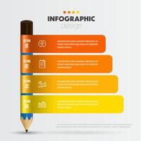 Vector colorful infographic design pencil and label elements including charts, icons, and business concept charts with 4 options.