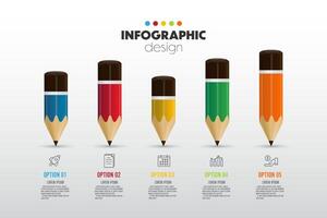 Vector infographic colorful pencil including charts, icons, and business concept charts with 5 options.