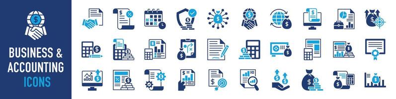 negocio y contabilidad icono colocar. conteniendo financiero declaración, contador, financiero auditoría, factura, impuesto calculadora, negocio firme, impuesto devolver, ingresos y equilibrar sábana iconos vector ilustración.