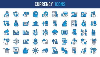 Currency icon set. Such as money, wallet, dollar, payment, bank, fund, bank, earnings, income, shopping, business and more. Collection of icons, vector illustration pack.