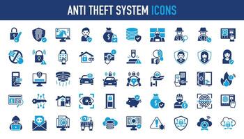 Anti theft system icons set. Such as hack, terrorist, password, detective, security room, malware, intercom, identity protection, alarm, lock, emergence, footsteps, cloud, cyber and more vector icon