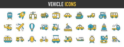 vehículo icono colocar. conteniendo auto, bicicleta, avión, tren, bicicleta, moto, autobús y scooter iconos transporte sólido icono recopilación. vector