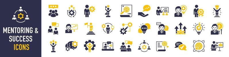 Mentoring and success icon set. concept with icon of goals, coaching, guidance, training, motivation, knowledge, support, and more. Vector icons illustration