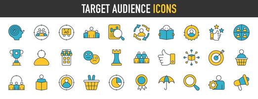 Target audience icons. Such as audience, psychographics, analyzing, brand loyalty, goal, customer, satisfaction, population vector icon collection for web design, mobile app