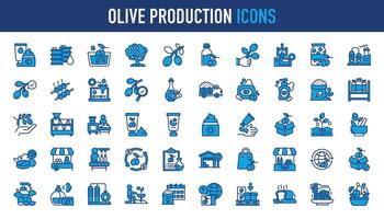 Olive production icon set. Such as cream, washing, oil tank, branch, harvest, press machine, jar, factory, filter, quality control, soap, shampoo, fertilizer, , lotion, sun cream and more vector icons