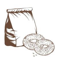 mano dibujado ilustración de rosquilla sésamo y papel bolso tomar lejos menú, vector bosquejo aislado en blanco antecedentes para entrega y tomar fuera comida concepto. Clásico grabado estilo