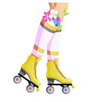 female legs with retro rollers and flowers in socks. Cartoon vector illustration for printing on packaging paper and postcards. wildflowers in socks. Girl wearing roller skates. legs and rollerblades