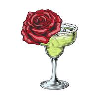 Cocktail margarita sketch illustration with rose flower. Hand drawn vector illustration isolated on white background. Design element for happy hour, menu, bar, Ladies Night.