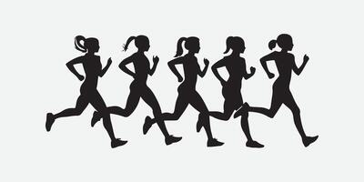 Young athletes run a marathon. Isolated silhouettes on white background vector