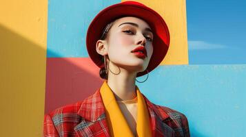 ai generado hermosa de moda mujer en un rojo sombrero un rojo chaqueta glamour modelo foto