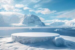 AI generated product podium stage presentaion with glacier background for advertisement photo