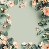 AI generated flowers botanical frame on olive pastel background photo