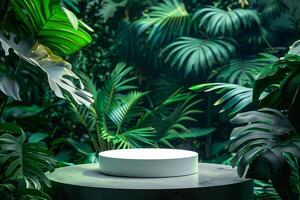 AI generated circular product podium presentation with jungle tropical plants background photo