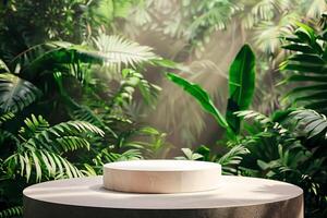 AI generated circular product podium presentation with jungle tropical plants background photo