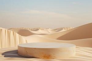 AI generated product podium presentation with desert sand dunes background photo