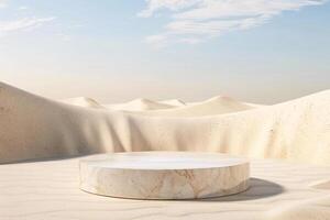 AI generated product podium presentation with desert sand dunes background photo