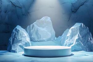 AI generated product podium stage presentaion with ice cave background for advertisement photo