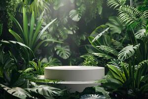 AI generated circular product podium presentation with jungle tropical plants background photo