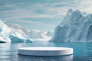 AI generated product podium stage presentaion with glacier background for advertisement photo