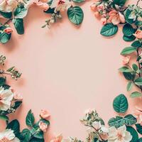 AI generated flowers botanical frame on pink pastel background photo