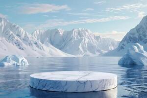 AI generated product podium stage presentaion with glacier background for advertisement photo