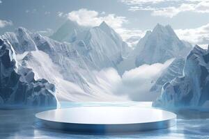 AI generated product podium stage presentaion with glacier background for advertisement photo