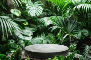 AI generated circular product podium presentation with jungle tropical plants background photo