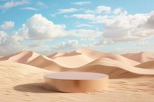 AI generated product podium presentation with desert sand dunes background photo