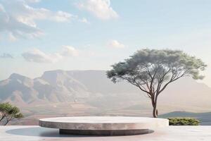 AI generated product podium presentation for advertisement with tree and mountain africa savanna background photo