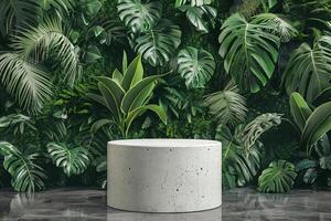 AI generated circular product podium presentation with jungle tropical plants background photo