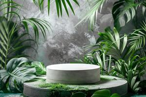 AI generated circular product podium presentation with jungle tropical plants background photo