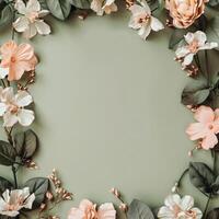 AI generated flowers botanical frame on olive pastel background photo