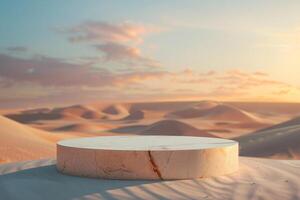 AI generated product podium presentation with desert sand dunes background photo