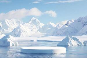 ai generado producto podio etapa presentación con glaciar antecedentes para anuncio foto