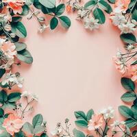 AI generated flowers botanical frame on pink pastel background photo