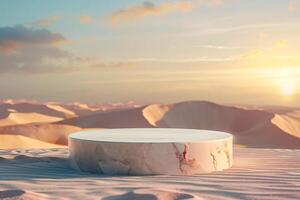 AI generated product podium presentation with desert sand dunes background photo