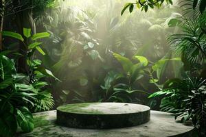 AI generated circular product podium presentation with jungle tropical plants background photo