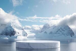 AI generated product podium stage presentaion with glacier background for advertisement photo