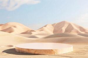 AI generated product podium presentation with desert sand dunes background photo