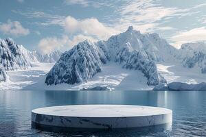 ai generado producto podio etapa presentación con glaciar antecedentes para anuncio foto