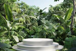 AI generated circular product podium presentation with jungle tropical plants background photo