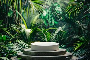 AI generated circular product podium presentation with jungle tropical plants background photo