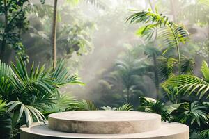 AI generated circular product podium presentation with jungle tropical plants background photo