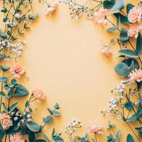 AI generated flowers botanical frame on yellow pastel background photo