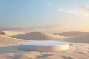 AI generated product podium presentation with desert sand dunes background photo