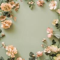 AI generated flowers botanical frame on olive pastel background photo