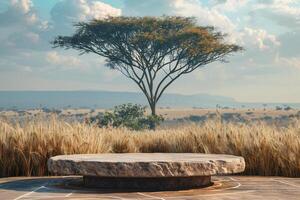 AI generated product podium presentation for advertisement with tree and mountain africa savanna background photo