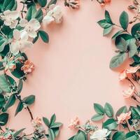 AI generated flowers botanical frame on pink pastel background photo