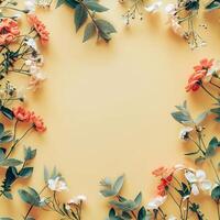 AI generated flowers botanical frame on yellow pastel background photo