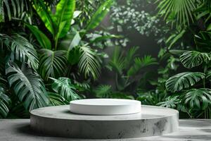 AI generated circular product podium presentation with jungle tropical plants background photo